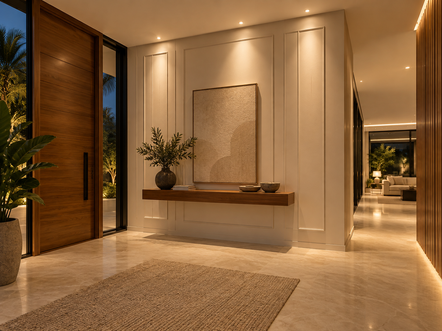 Hall com parede e detalhes em gesso