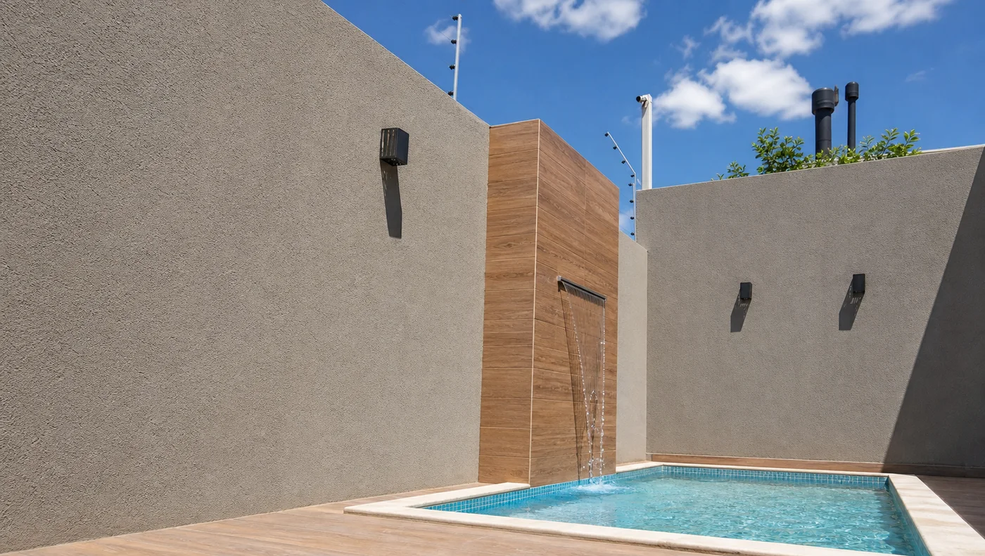 Área externa com textura projetada e cascata na piscina